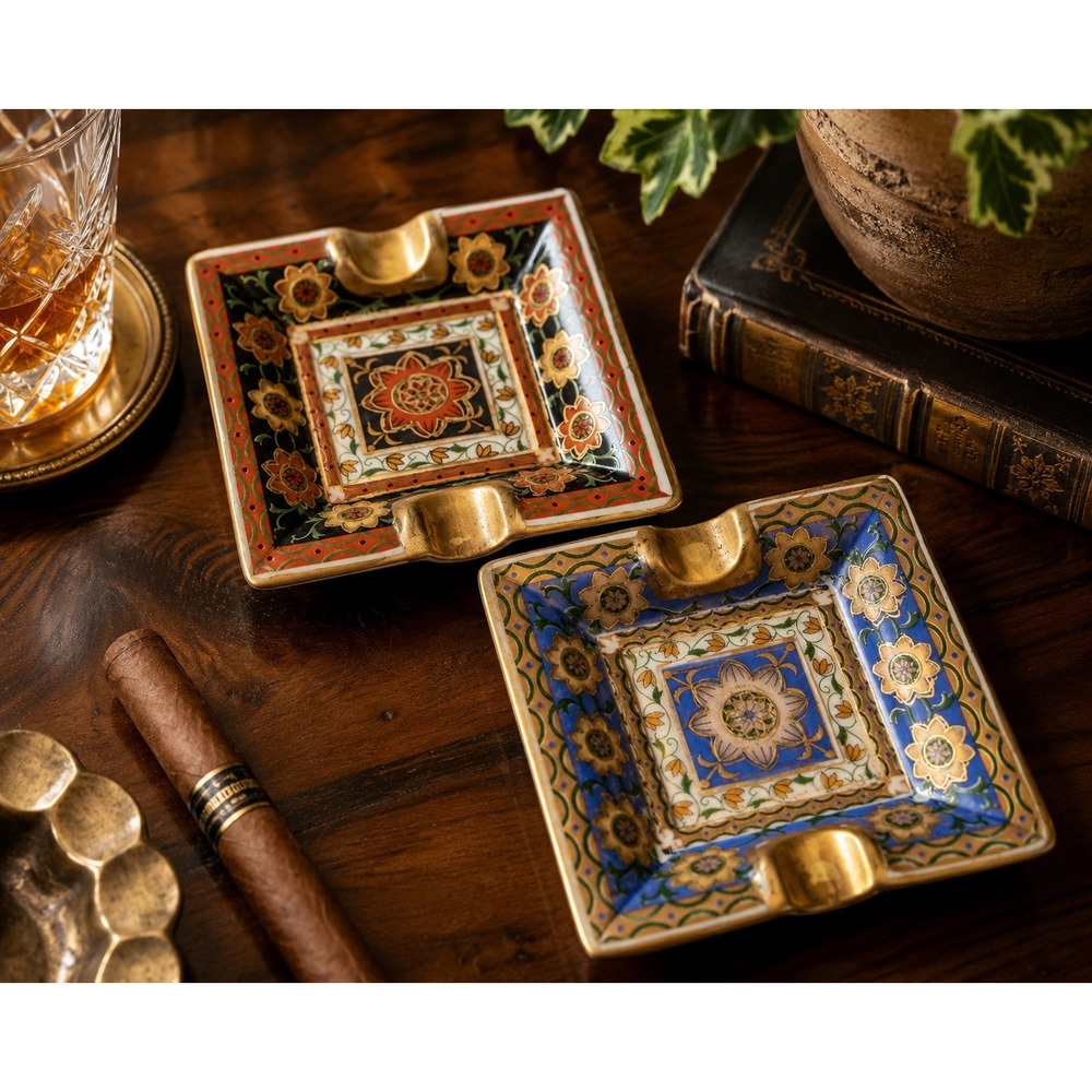 Vintage Hand Painted Porcelain Ashtray Pair Gold Gilt‎ Floral Square Japan Style